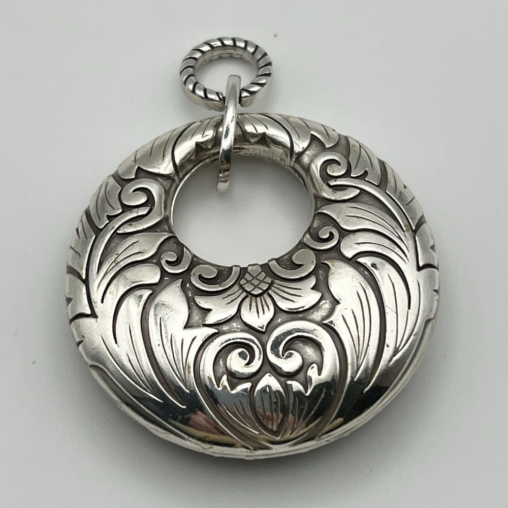 Vintage Brighton Silver Tone Floral Etched Pendant Necklace 2" Retro
